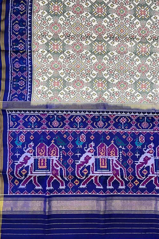 Off White Semi Patan Patola Handloom Pure Silk Saree - Luxurion World