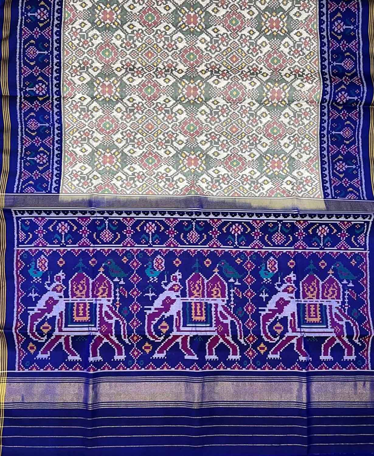 Off White Semi Patan Patola Handloom Pure Silk Saree - Luxurion World
