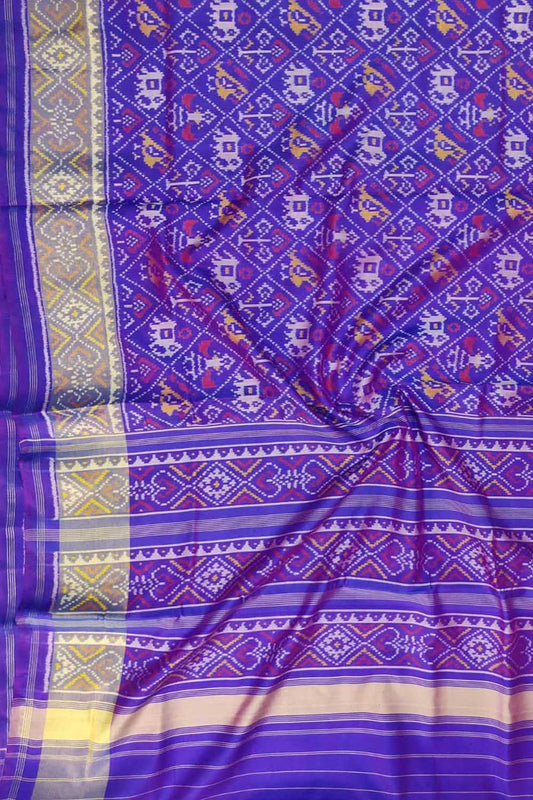Blue Handloom Single Ikat Patola Pure Silk Saree - Luxurion World