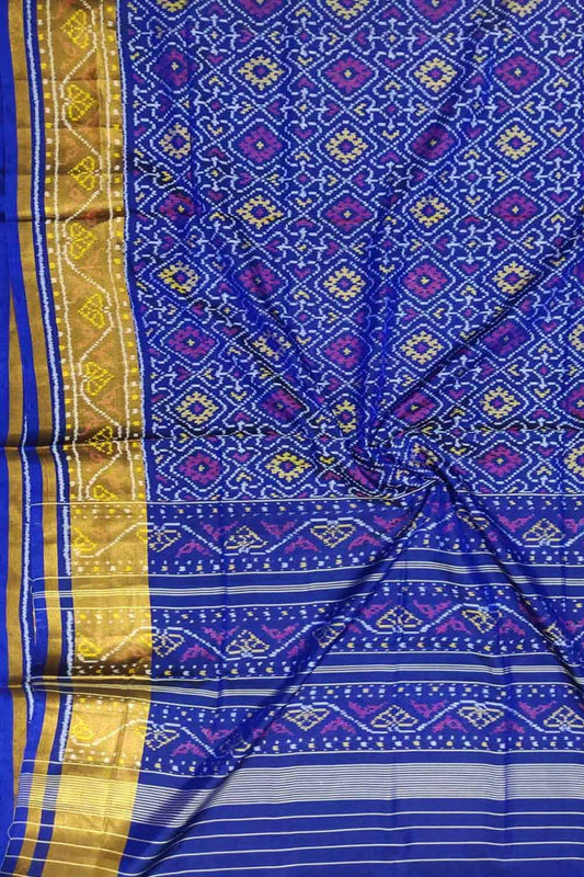 Blue Handloom Single Ikat Patola Pure Silk Saree - Luxurion World