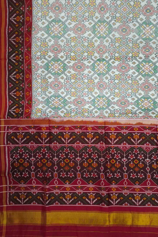 Off White Semi Patan Patola Handloom Pure Silk Saree - Luxurion World