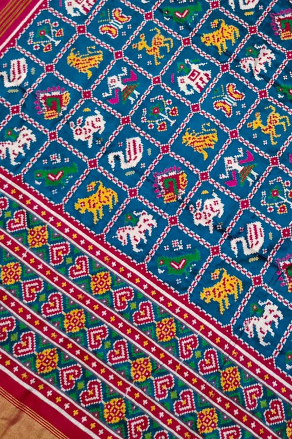 Blue Patan Patola Handloom Double Ikat Pure Silk Saree - Luxurion World