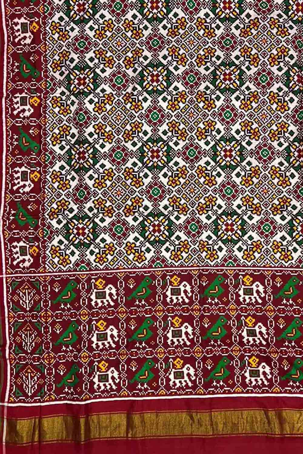 Off White Patan Patola Handloom Double Ikat Pure Silk Saree