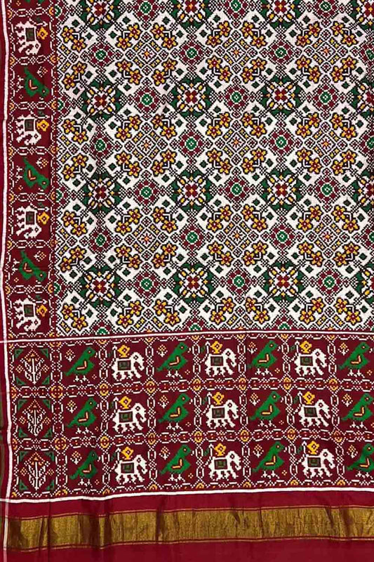 Off White Patan Patola Handloom Double Ikat Pure Silk Saree - Luxurion World