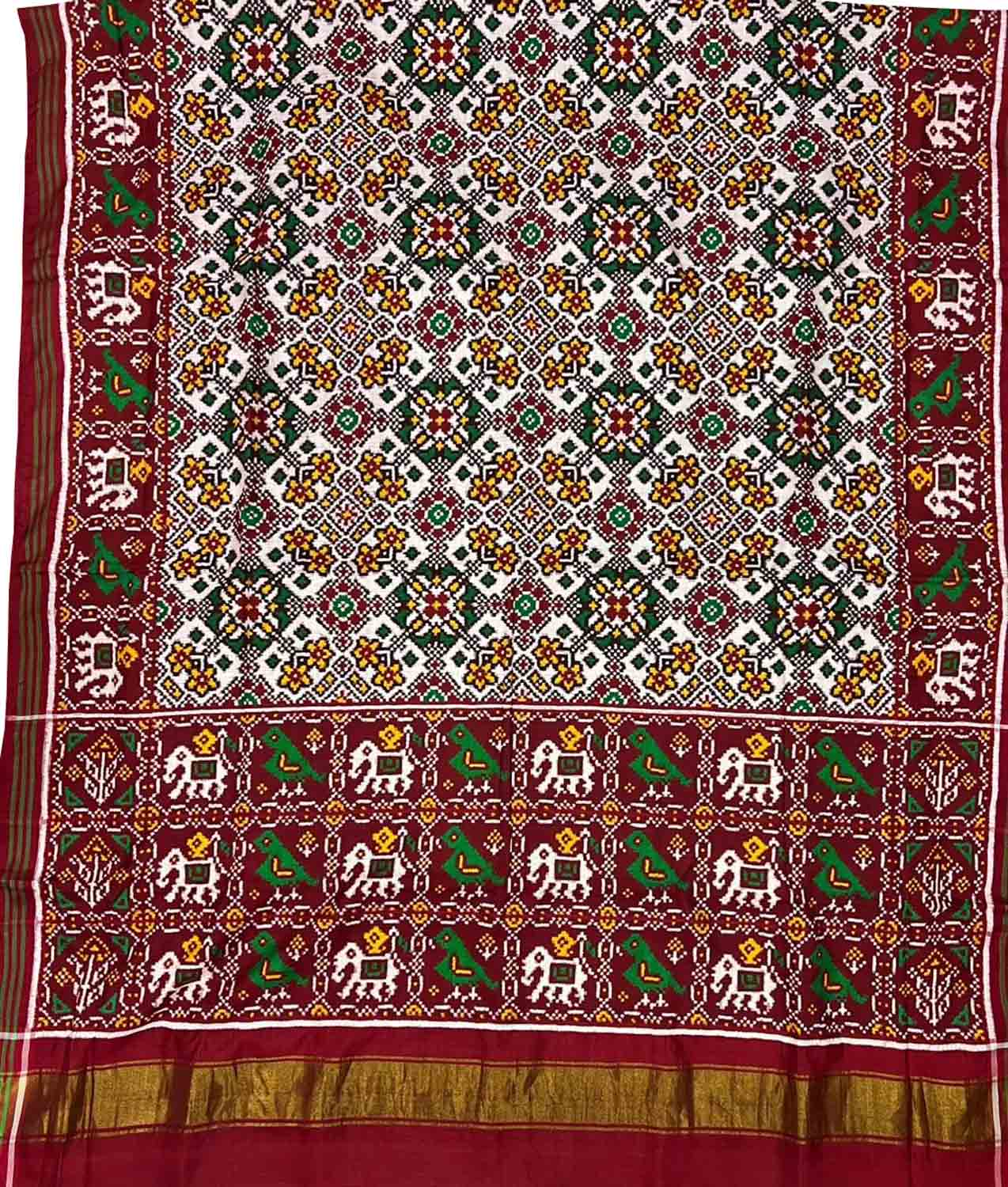 Off White Patan Patola Handloom Double Ikat Pure Silk Saree - Luxurion World