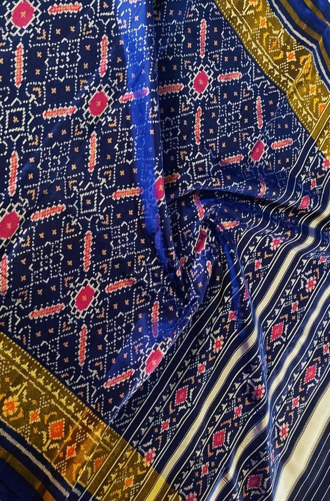 Blue Handloom Single Ikat Patola Pure Silk Saree - Luxurion World
