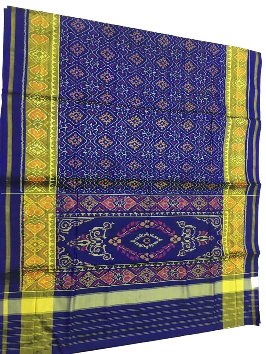 Blue Handloom Single Ikat Patola Pure Silk Saree - Luxurion World