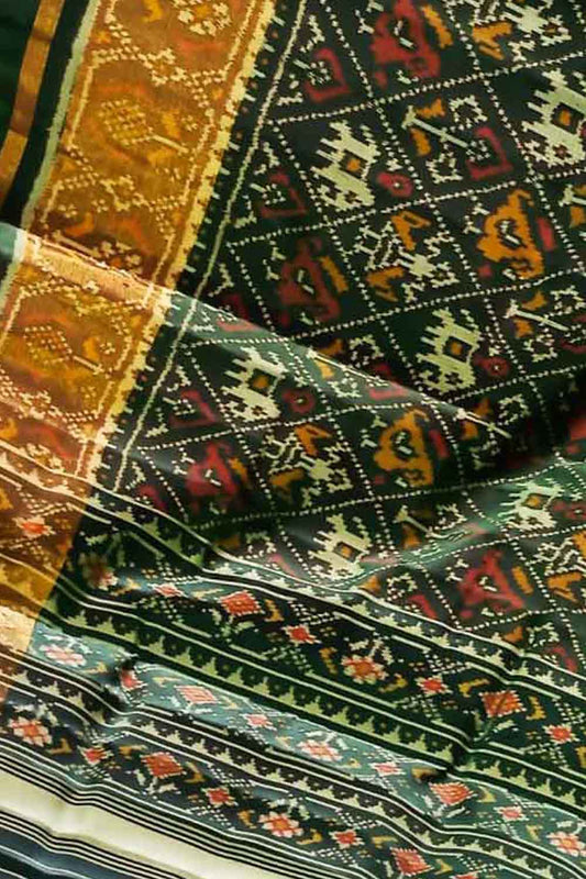 Stunning Green Handloom Patola Silk Saree - Single Ikat Design - Luxurion World