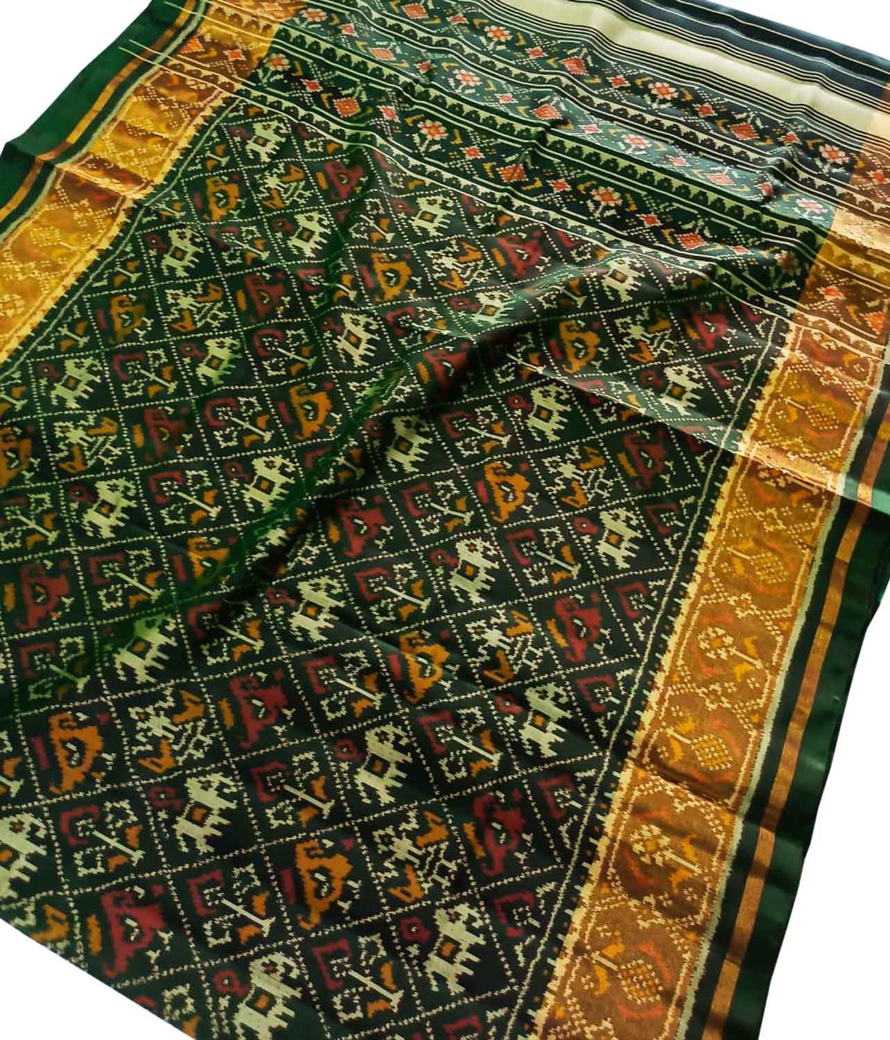 Stunning Green Handloom Patola Silk Saree - Single Ikat Design - Luxurion World