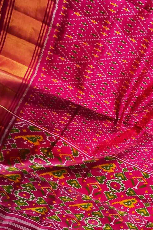 Pure Silk Pink Handloom Patola Single Ikat Saree - Traditional Elegance - Luxurion World