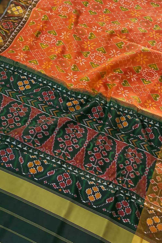 Handloom Patola Silk Saree: Vibrant Orange, Single Ikat, Pure Elegance