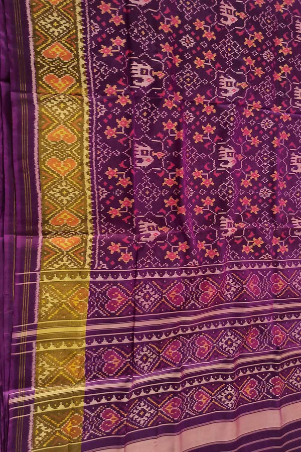 Purple - Handloom Mulberry Silk Patola Ikat Pochampally Saree 08