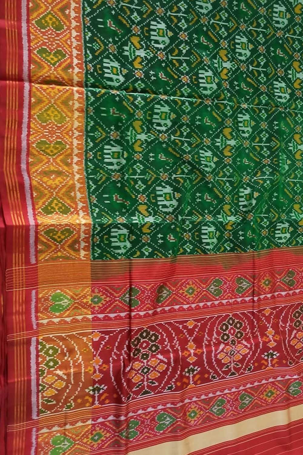 Handloom Patola Silk Saree: Green Single Ikat Design - Luxurion World