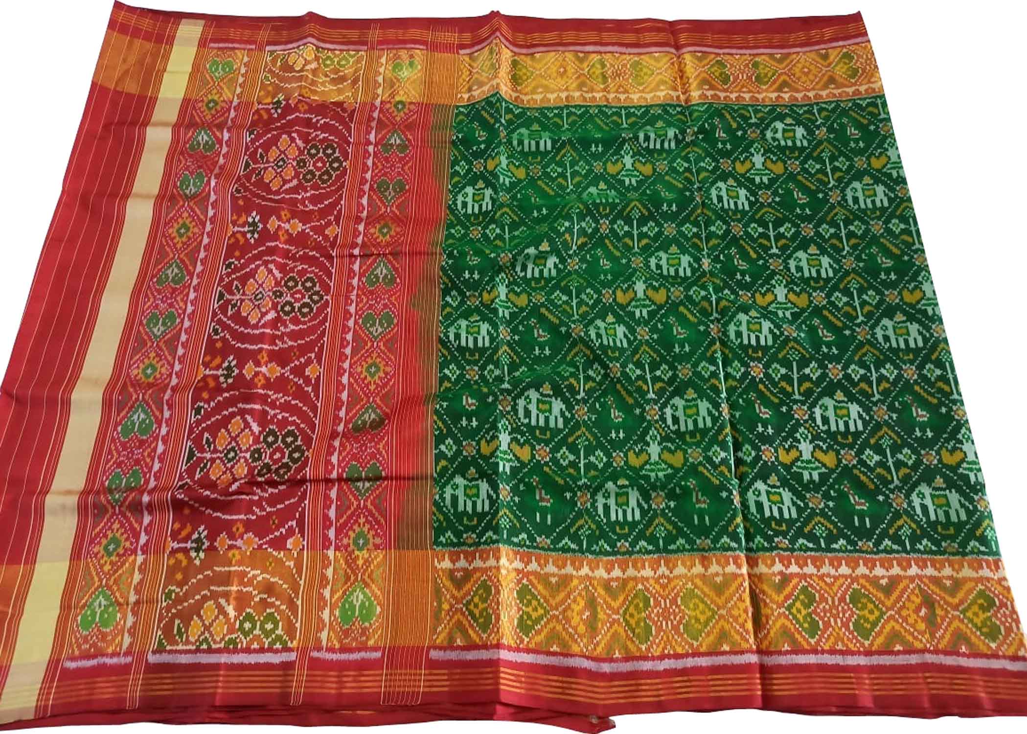 Handloom Patola Silk Saree: Green Single Ikat Design - Luxurion World