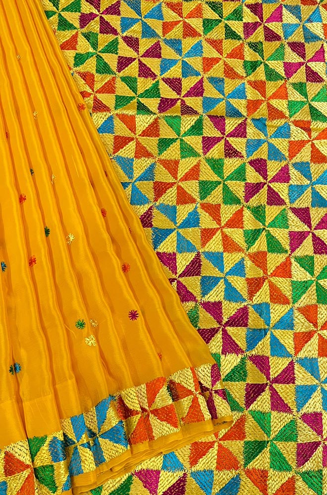 Yellow Hand Embroidered Phulkari Chinon Chiffon Silk Saree