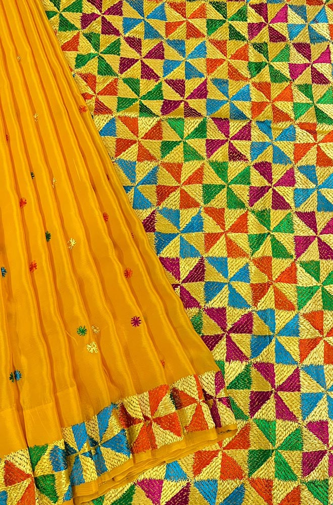 Yellow Hand Embroidered Phulkari Chinon Chiffon Silk Saree - Luxurion World