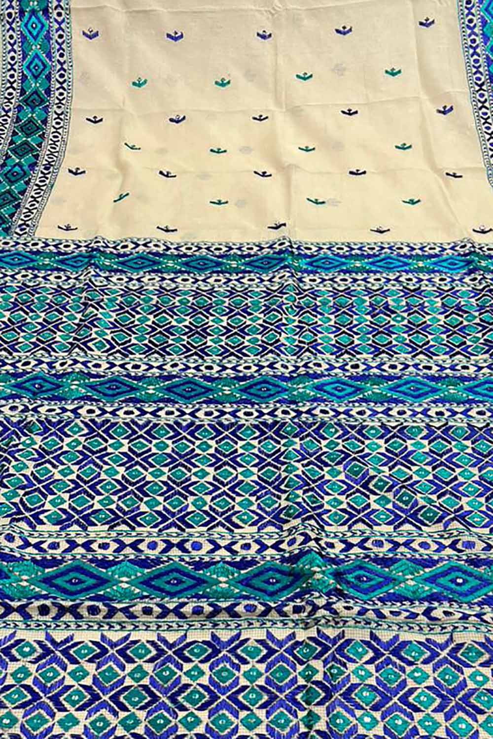 Pastel Hand Embroidered Phulkari Kota Silk Saree - Luxurion World
