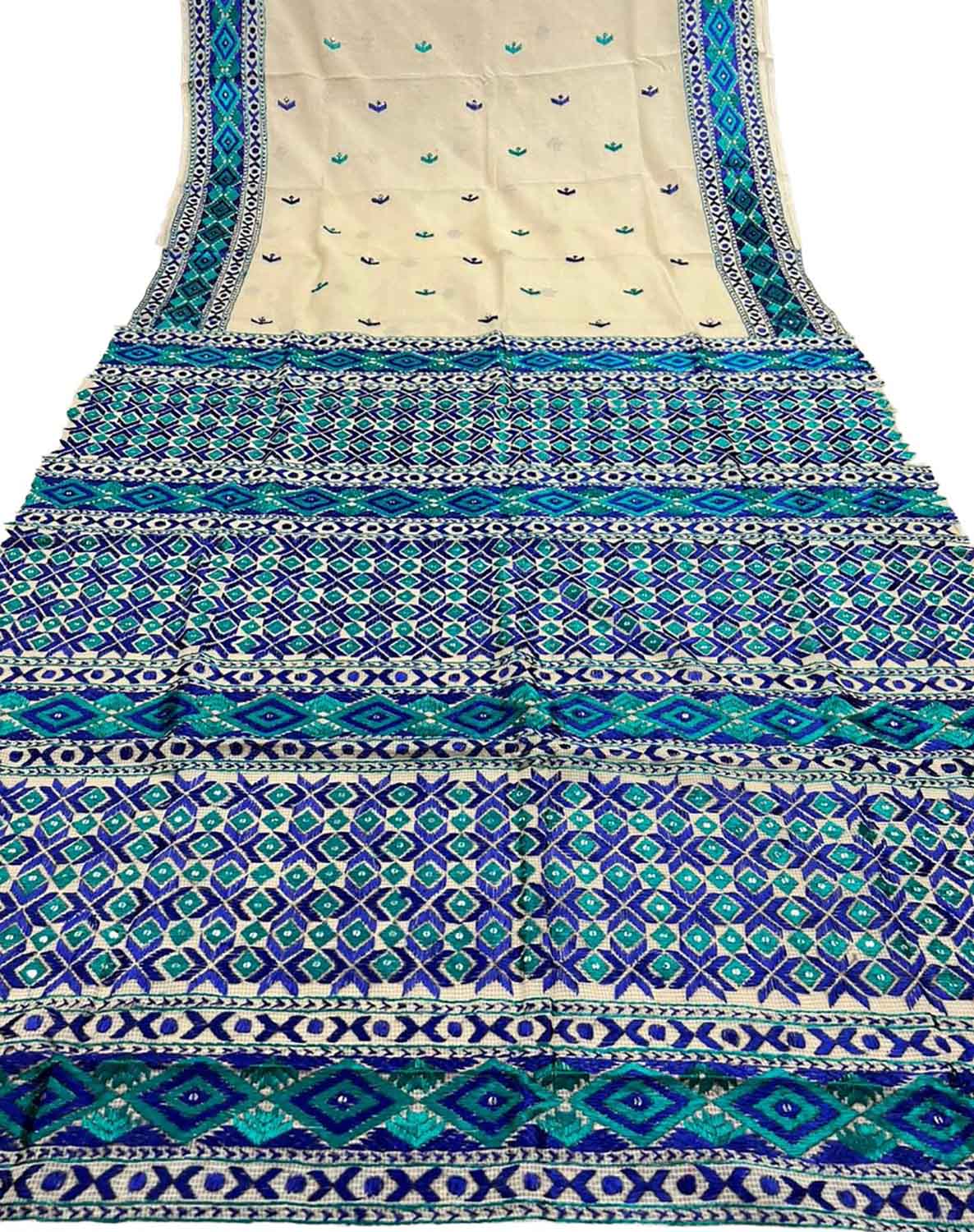 Pastel Hand Embroidered Phulkari Kota Silk Saree - Luxurion World