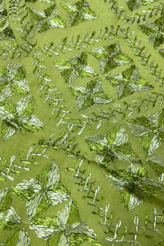 Green Phulkari Hand Embroidered Chinnon Chiffon Saree - Luxurion World