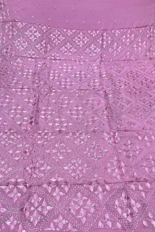Lavender Phulkari Hand Embroidered Chinnon Chiffon Saree - Luxurion World