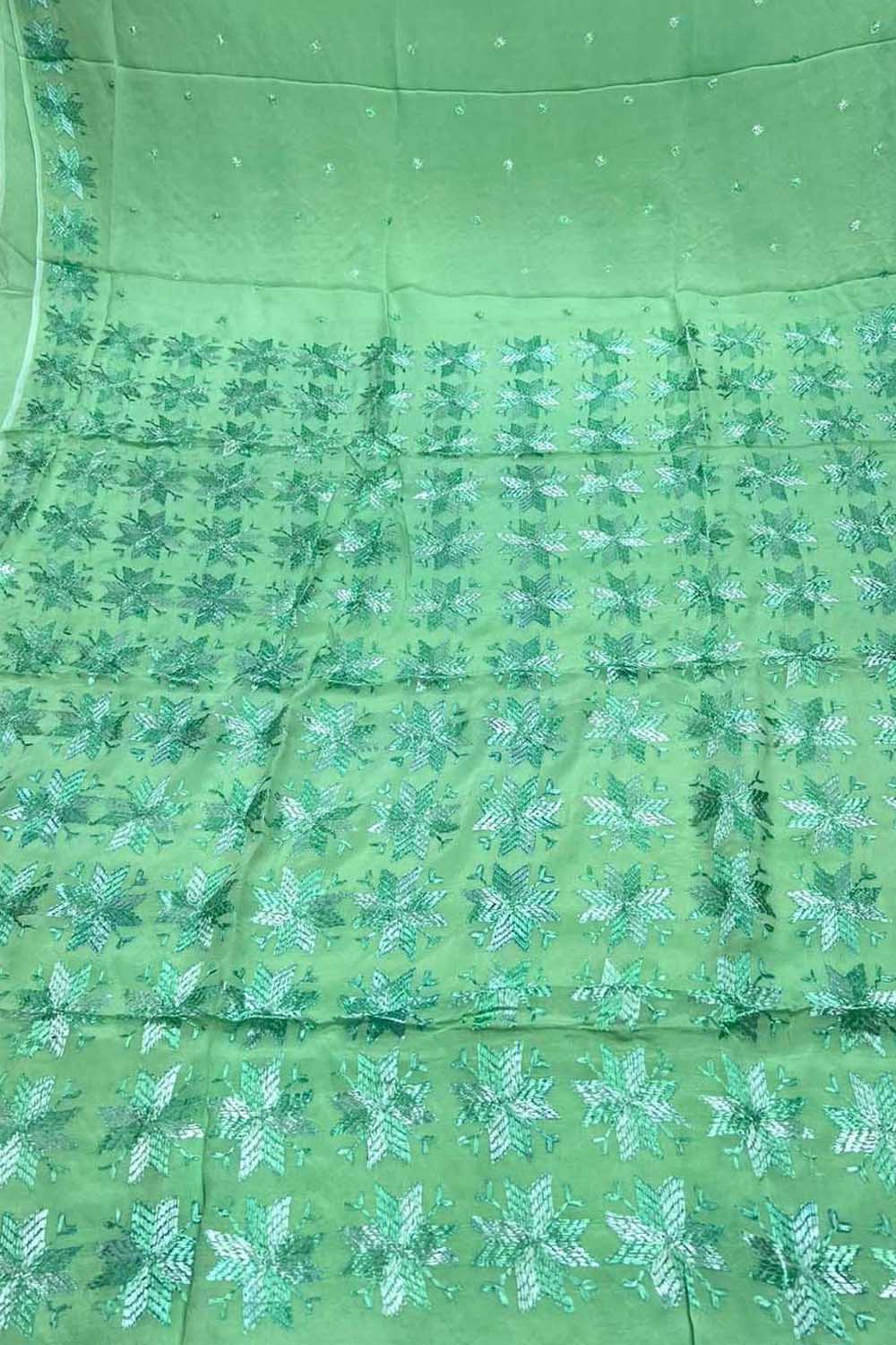 Blue Phulkari Hand Embroidered Chinnon Chiffon Saree - Luxurion World