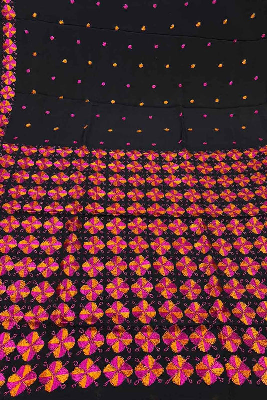 Black Phulkari Hand Embroidered Chinnon Chiffon Saree - Luxurion World
