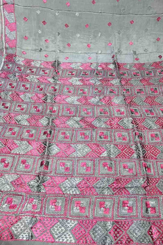 Grey Phulkari Hand Embroidered Chinnon Chiffon Saree - Luxurion World