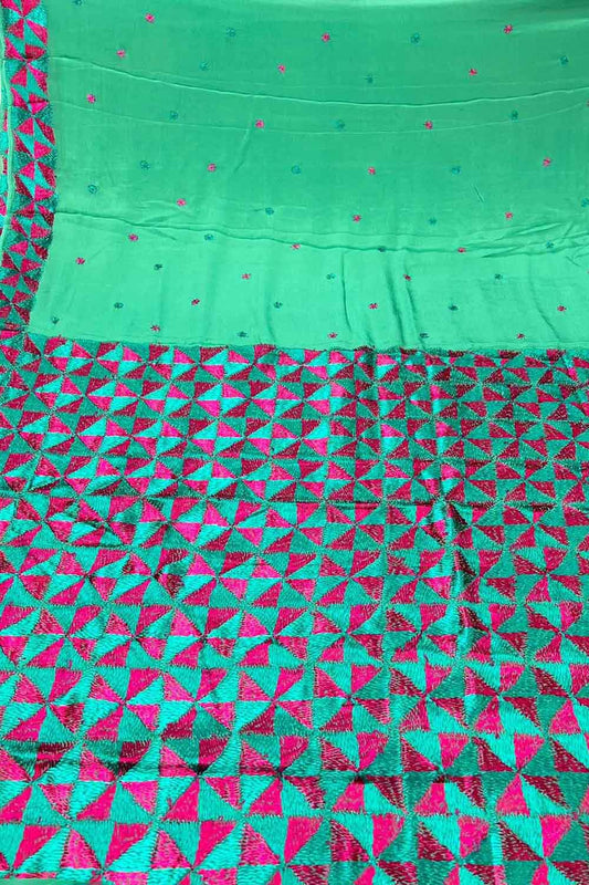 Blue Phulkari Hand Embroidered Chinnon Chiffon Saree - Luxurion World