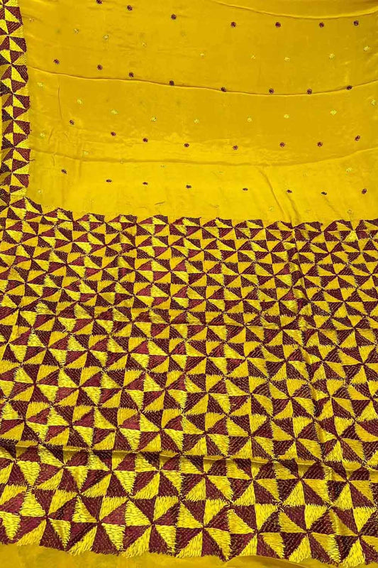 Yellow Phulkari Hand Embroidered Chinnon Chiffon Saree - Luxurion World