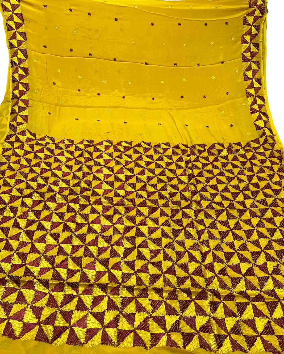 Yellow Phulkari Hand Embroidered Chinnon Chiffon Saree - Luxurion World