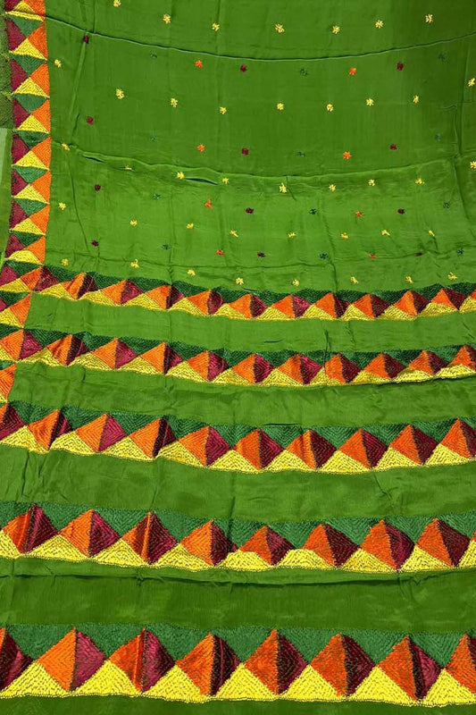 Green Phulkari Hand Embroidered Chinnon Chiffon Saree - Luxurion World