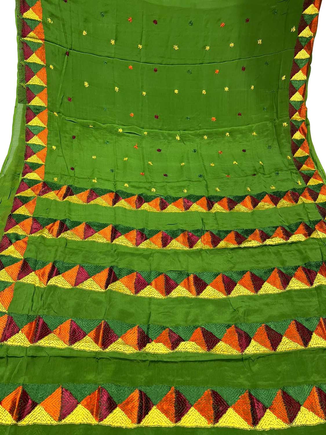 Green Phulkari Hand Embroidered Chinnon Chiffon Saree - Luxurion World