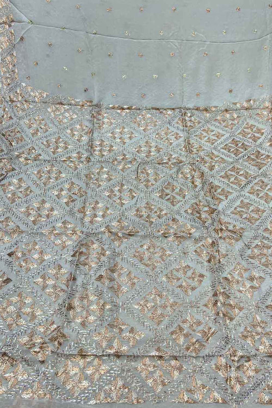 Pastel Phulkari Hand Embroidered Chinnon Chiffon Saree - Luxurion World