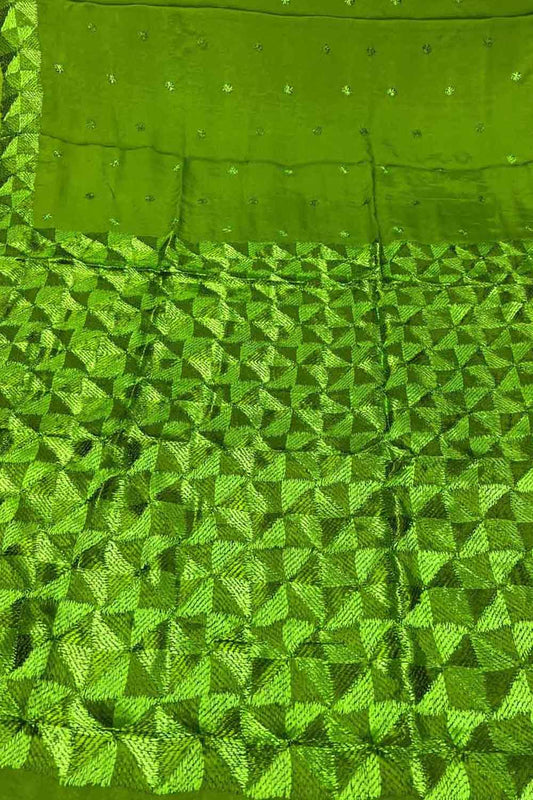 Green Phulkari Hand Embroidered Chinnon Chiffon Saree - Luxurion World