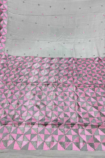 Grey Phulkari Hand Embroidered Pure Chinnon Chiffon Saree - Luxurion World