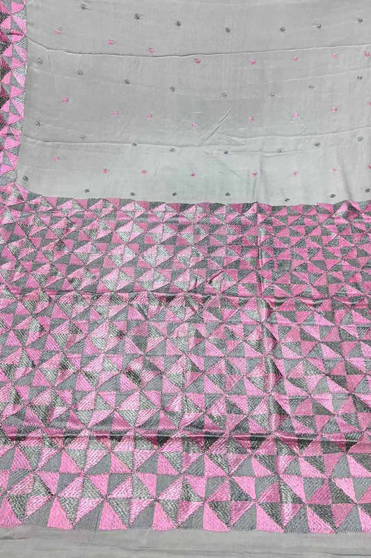 Grey Phulkari Hand Embroidered Pure Chinnon Chiffon Saree - Luxurion World