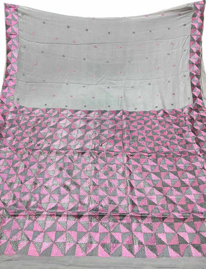 Grey Phulkari Hand Embroidered Pure Chinnon Chiffon Saree - Luxurion World