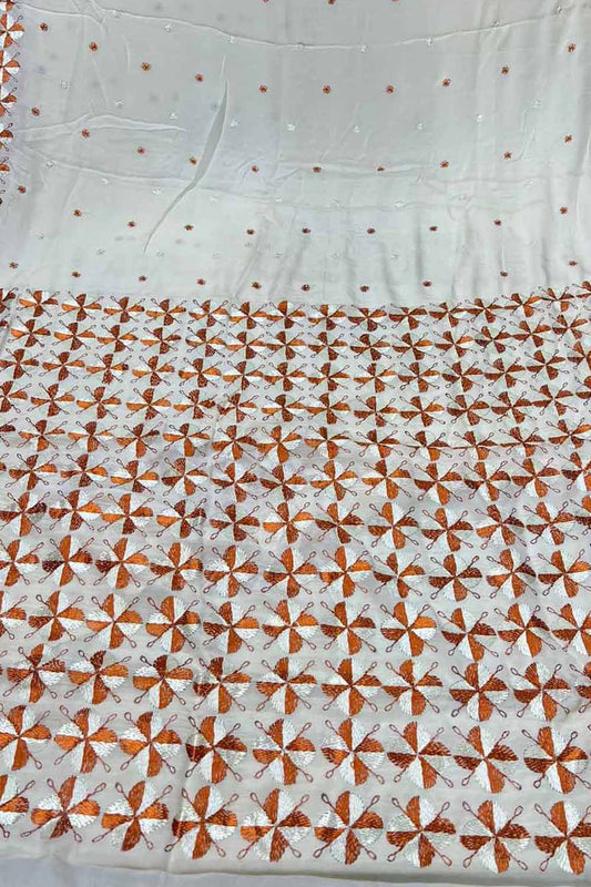 Off White Phulkari Hand Embroidered Pure Chinnon Chiffon Saree - Luxurion World
