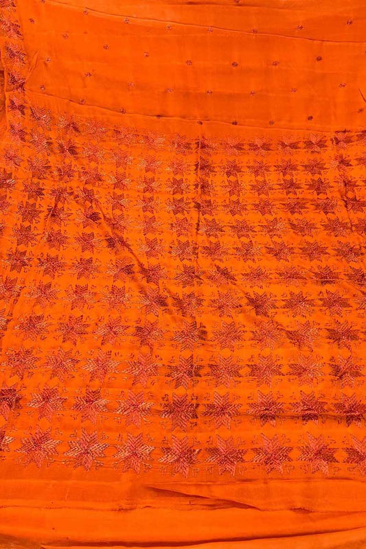 Orange Phulkari Hand Embroidered Pure Chinnon Chiffon Saree - Luxurion World