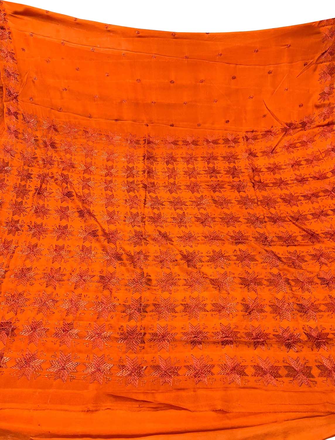 Orange Phulkari Hand Embroidered Pure Chinnon Chiffon Saree - Luxurion World