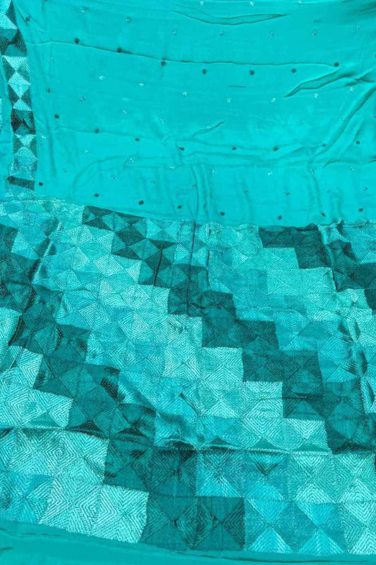 Blue Phulkari Hand Embroidered Pure Chinnon Chiffon Saree - Luxurion World