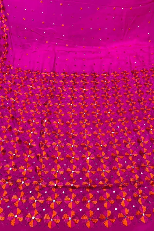 Pink Phulkari Hand Embroidered Pure Chinnon Chiffon Saree - Luxurion World