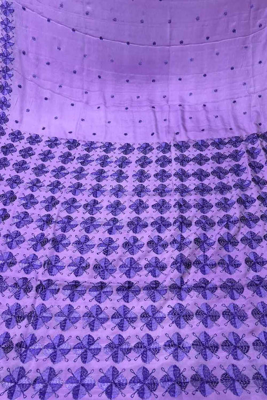 Purple Phulkari Hand Embroidered Pure Chinnon Chiffon Saree - Luxurion World