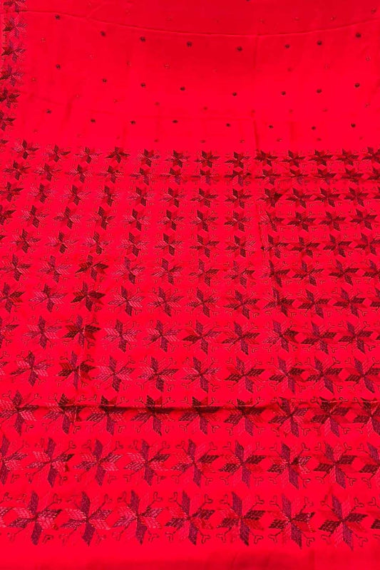 Red Phulkari Hand Embroidered Pure Chinnon Chiffon Saree - Luxurion World