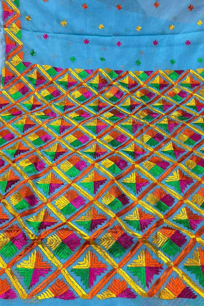 Blue Hand Embroidered Phulkari Kota Silk Saree - Luxurion World
