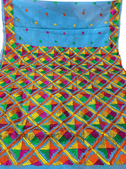 Blue Hand Embroidered Phulkari Kota Silk Saree - Luxurion World