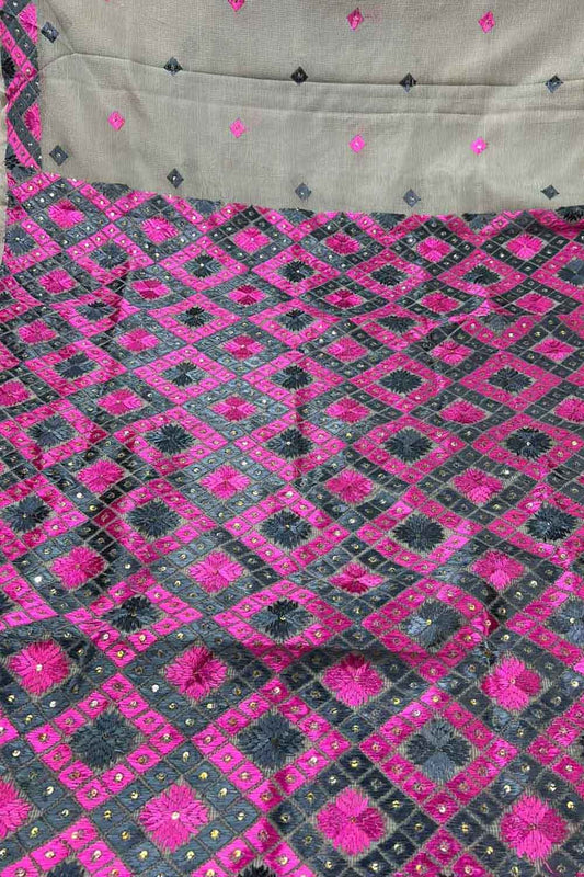 Grey Hand Embroidered Phulkari Kota Silk Saree - Luxurion World