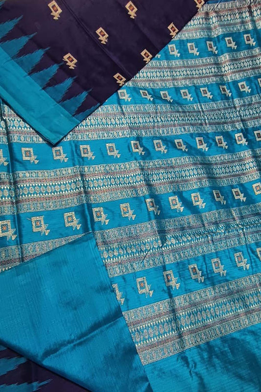 Stunning Blue Handloom Ikat Silk Saree - Sambalpuri Craftsmanship - Luxurion World