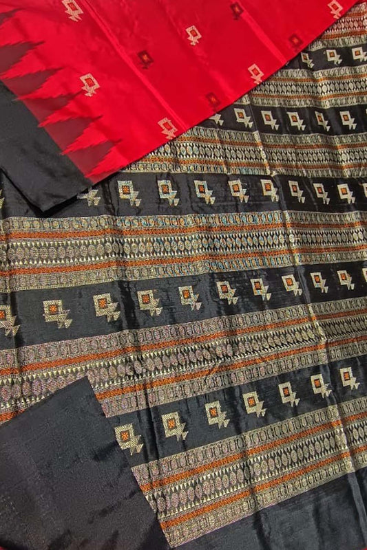 Pure Silk Red Sambalpuri Handloom Ikat Saree: Traditional Elegance