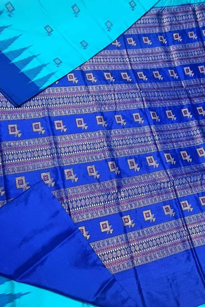 Stunning Blue Handloom Ikat Silk Saree - Authentic Sambalpuri Design